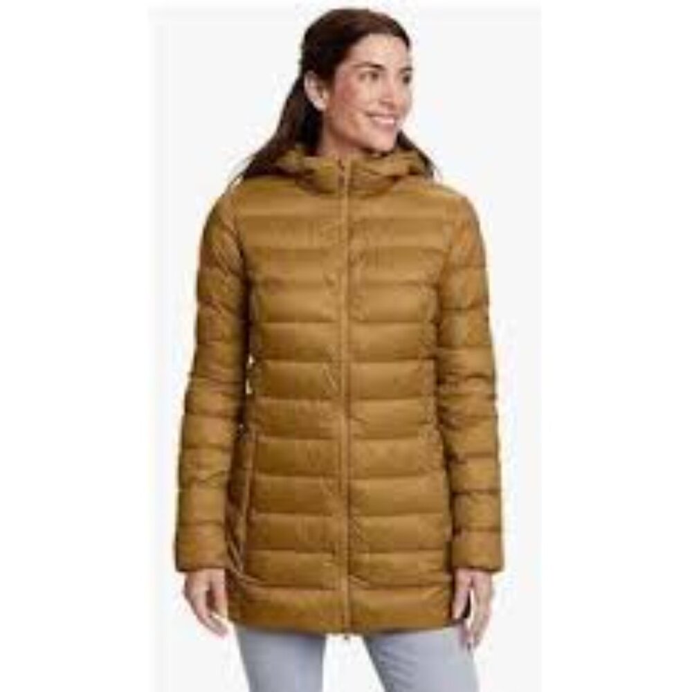 Eddie Bauer Women's Down Puffer Jacket Size Medium Gold Hooded Lightweight